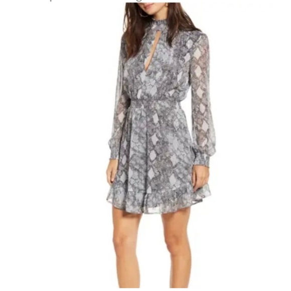 Wayf Revolve Women’s Snake Print Chiffon Keyhole Metallic Ruffle Mini Dress - Picture 1 of 12